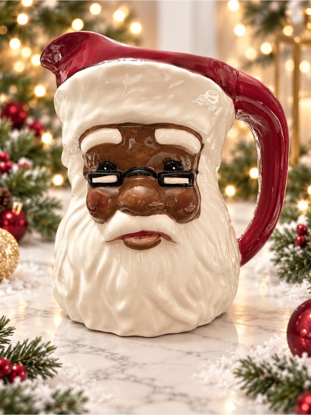 Ceramic Santa Christmas Pitcher Red White Glossy Decorative Novelty